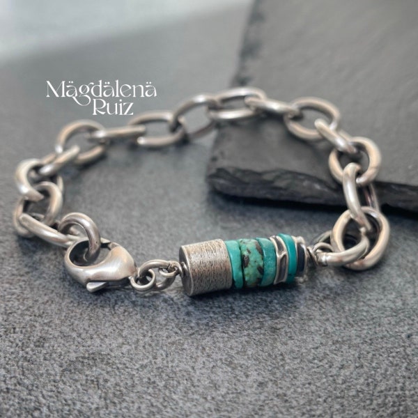 For him, thick hollow silver chain with sterling barrel and authentic turquoise disks.