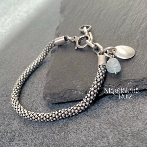 Thick popcorn chain bracelet with cast silver pebble and aquamarine stone nugget. image 1