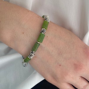 Natural olive green jade and oxidised silver bracelet. Organic, raw silver and tube jade beads. image 3