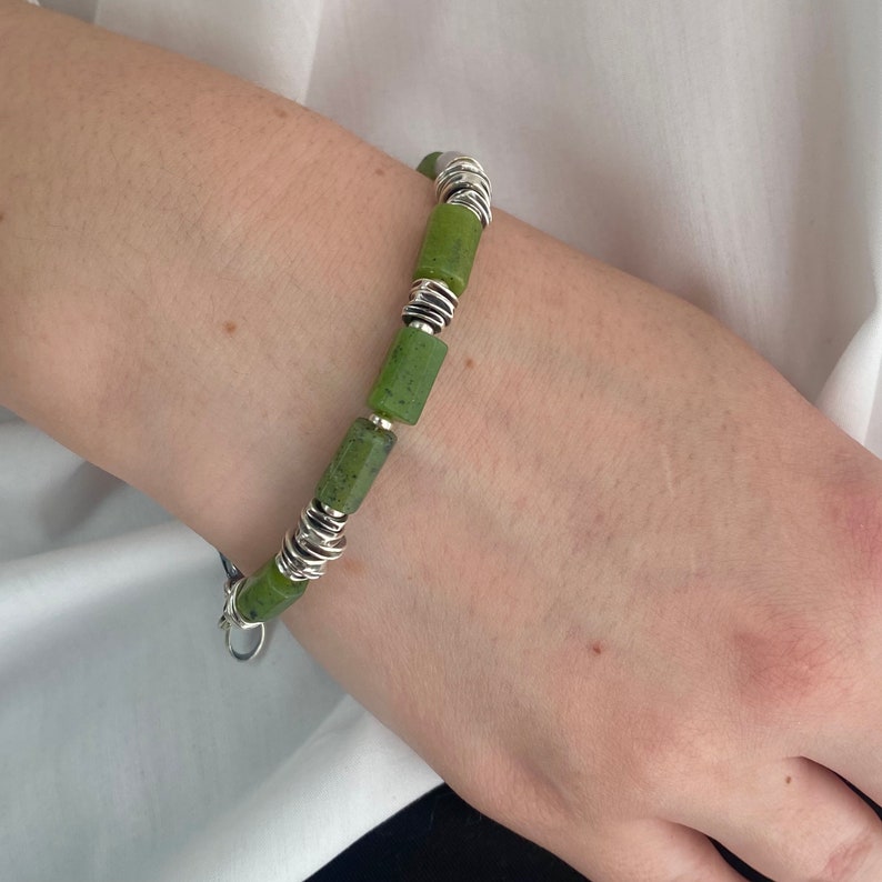 Natural olive green jade and oxidised silver bracelet. Organic, raw silver and tube jade beads. image 3