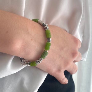 Natural olive green jade and oxidised silver bracelet. Organic, raw silver and tube jade beads. image 2