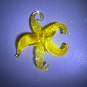 May include: A yellow glass starfish ornament with a curled arm.