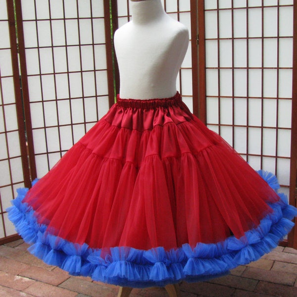 Pettiskirt Red and Royal Blue Chiffon, 2 Layers -- Custom Size, Length, and Colors -- Made to Measure, Adults & Children