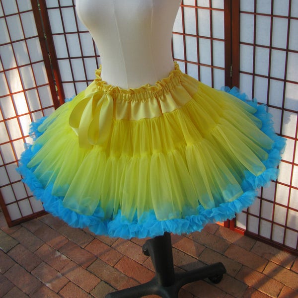 Pettiskirt Lemon Yellow and Turquoise Chiffon, 2 Layers -- Custom Size, Length, and Colors -- Made to Measure, Adults & Children