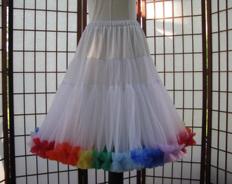 Petticoat White Chiffon with Rainbow Ruffles, Single layer -- Custom Size, Length, and Colors -- Made to Measure, Adults & Children