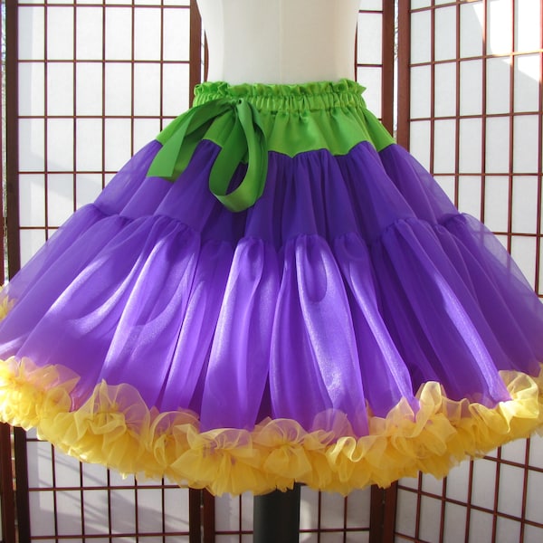 Pettiskirt Mardi Gras Colors Chiffon, 2 Layers -- Custom Size, Length, and Colors -- Made to Measure, Adults & Children