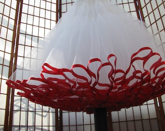 White Tulle Petticoat with Red Ribbon Edging, 2 Layers -- Custom Size, Length, and Colors -- Made to Measure, Adults & Children
