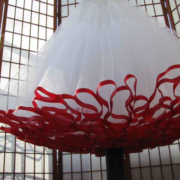 White Tulle Petticoat with Red Ribbon Edging, 2 Layers -- Custom Size, Length, and Colors -- Made to Measure, Adults & Children