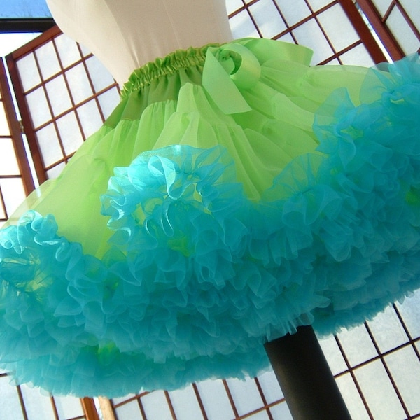 Pettiskirt Chartreuse Green and Turquoise Chiffon, 2 Layers -- Custom Size, Length, and Colors -- Made to Measure, Adults & Children