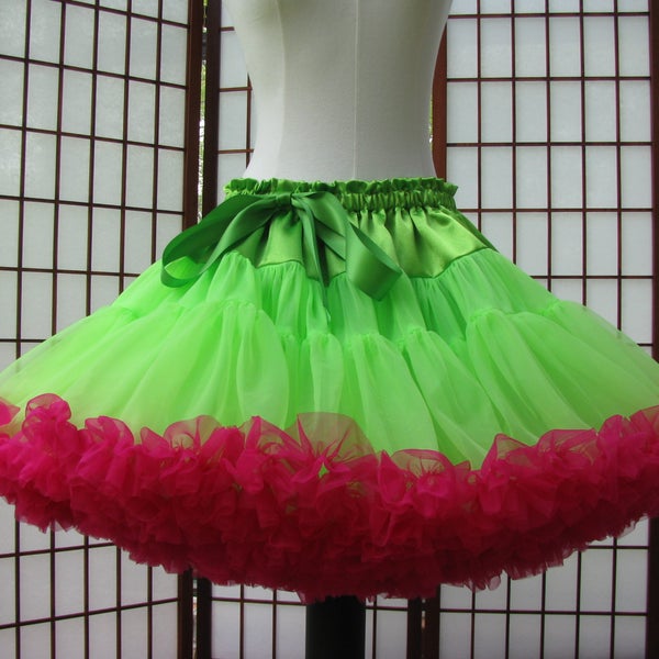 Pettiskirt Chartreuse Green and Fuchsia Chiffon, 2 Layers -- Custom Size, Length, and Colors -- Made to Measure, Adults & Children