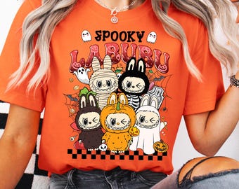 Spooky Labubu Halloween Shirt, Cute Ghost Pumpkin Trick Or Treat T-Shirt, Group Costume Tee, Checkerboard Labubu Sweatshirt