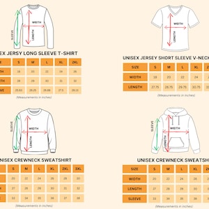 four different illustrations of a long-sleeved shirt, including a long-sleeved T-shirt and a crew neck sweatshirt. Each illustration is accompanied by measurements in inches, indicating the sleeve length, width, and other dimensions of the shirt.