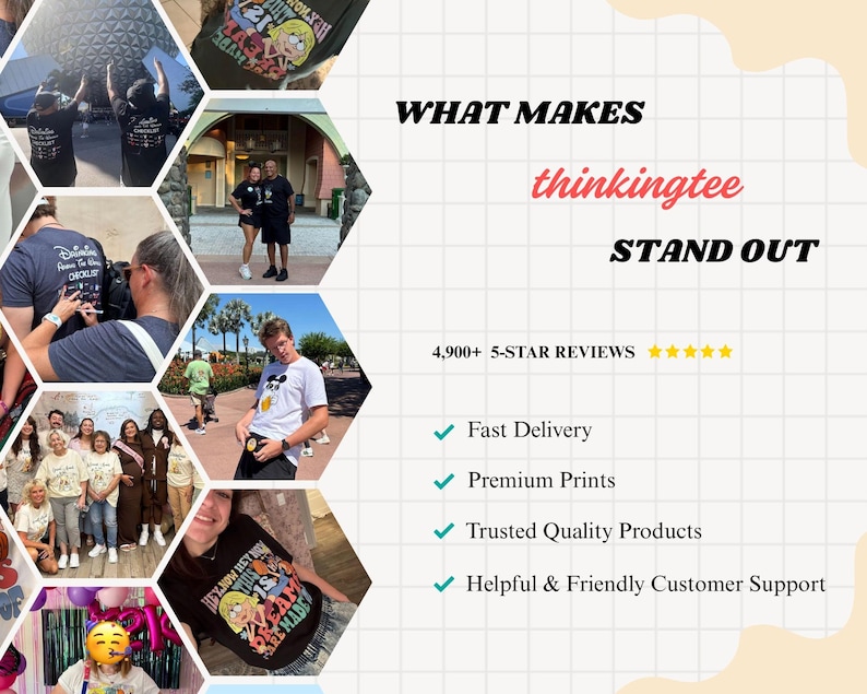 The image is a collage of various images featuring people, including a group of people in a park, a person with a Mickey Mouse shirt, and a person with a Mickey Mouse shirt. The collage also includes text that highlights the features of the products, such as fast delivery, premium prints, and trusted quality products.
