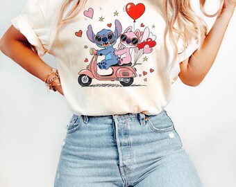Coquette Bow Stitch And Angel Happy Valentine's Day T-Shirt, Disney Couple Love Day Tee, Cute Couple Romance Tee, Stitch Couple XOXO T-Shirt