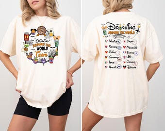 Disney Drinking Around The World Team Front and Back Shirt, Drinking Around The World Countries Checklist, Disney Couple Matching Sweatshirt