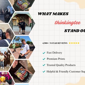 The image is a collage of various images featuring people, including a group of people in a park, a person with a Mickey Mouse shirt, and a person with a Mickey Mouse shirt. The collage also includes text that highlights the features of the products, such as fast delivery, premium prints, and trusted quality products.