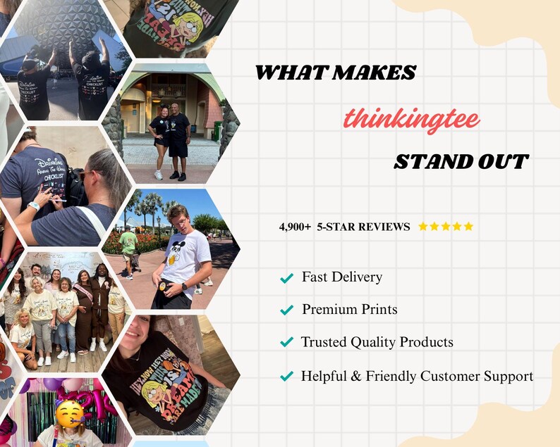 The image is a collage of various images featuring people, including a group of people in a park, a person with a Mickey Mouse shirt, and a person with a Mickey Mouse shirt. The collage also includes text that highlights the features of the products, such as fast delivery, premium prints, and trusted quality products.
