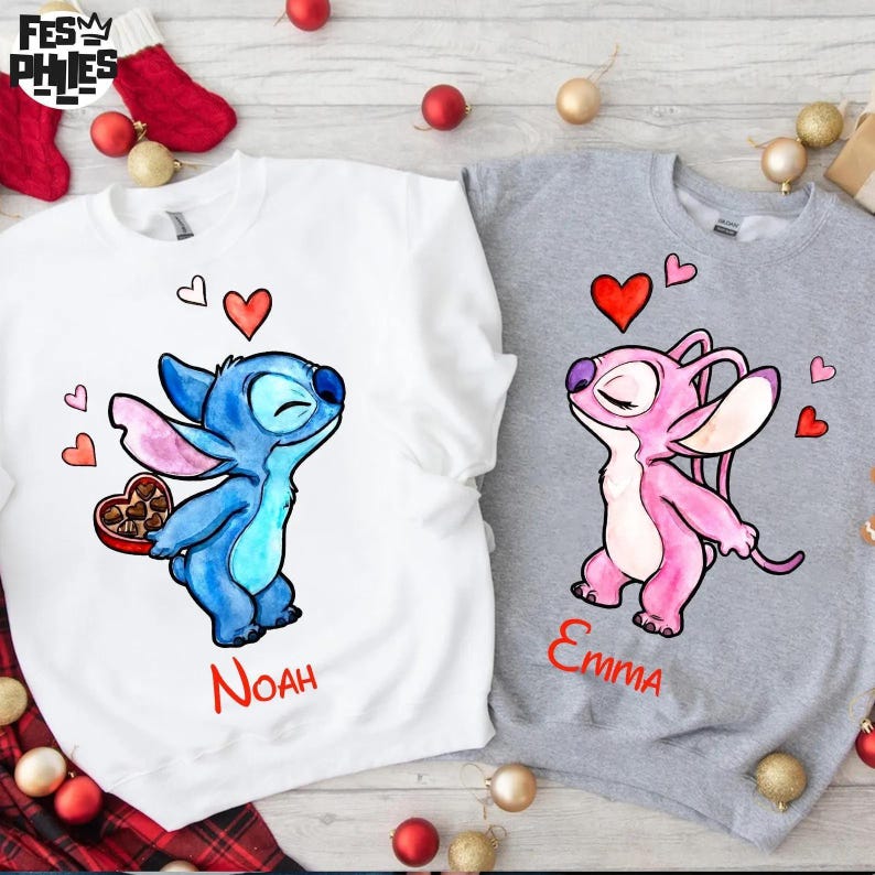 Camiseta de San Valentín con Stitch Angel, suéter de San Valentín de Disney, camiseta de amor con Stitch Angel, sudadera de pareja de Disney, camiseta de corazón de Disney imagen 2