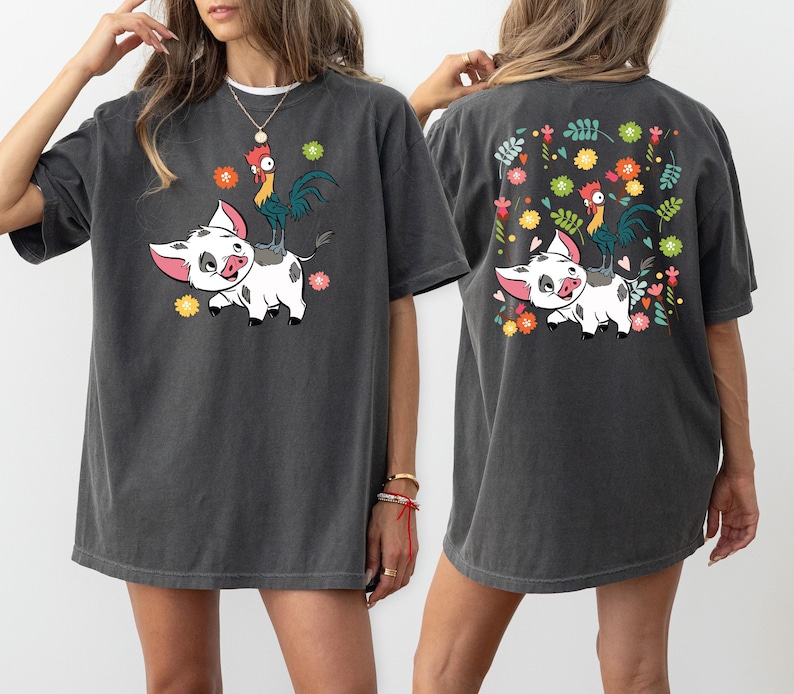 Retro Pua And Hei Hei Floral Shirt, Disney Moana Shirt, Disneyland Trip Shirt, Disney Friends Shirt, Disney Moana Front and Back Sweatshirt image 2