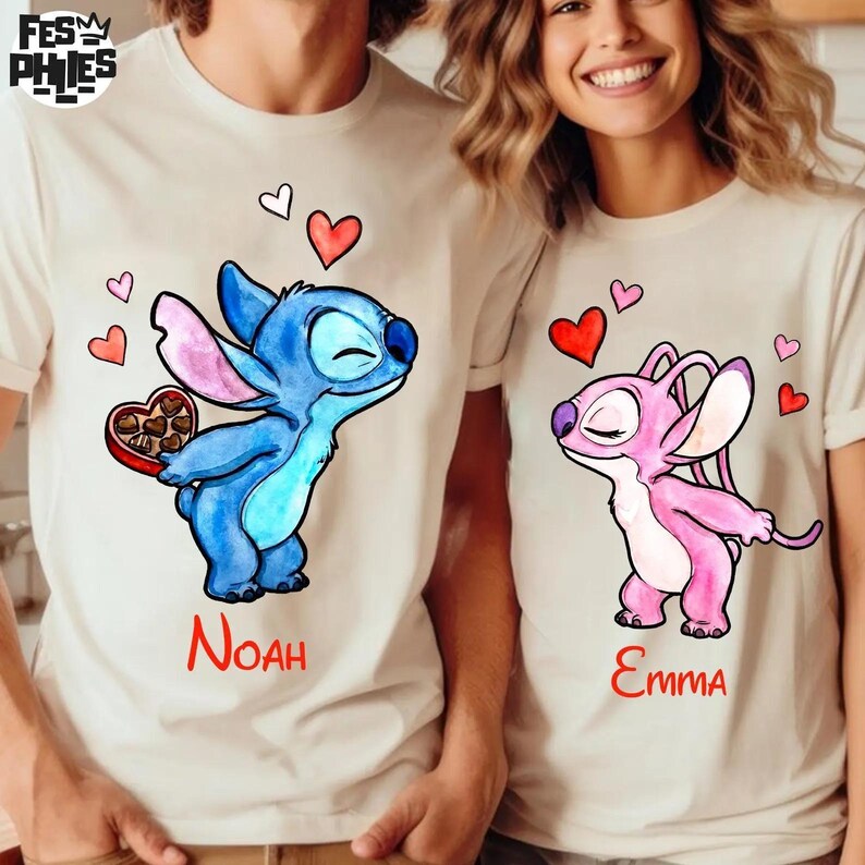 Camiseta de San Valentín con Stitch Angel, suéter de San Valentín de Disney, camiseta de amor con Stitch Angel, sudadera de pareja de Disney, camiseta de corazón de Disney imagen 3