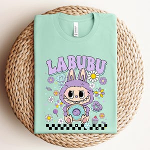 Labubu Floral Donut Shirt, Pastel Cartoon Character T-Shirt, Kawaii Aesthetic Tee, Cute Labubu Graphic Sweatshirt