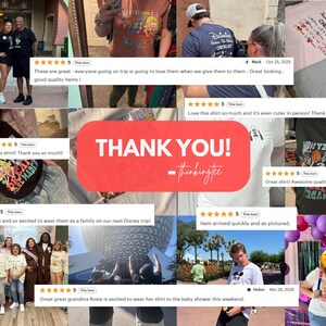The image is a collage of various photos featuring people wearing Disney-themed shirts, with a large "THANK YOU!" sign in the center.