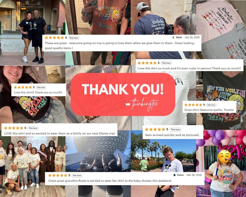 The image is a collage of various photos featuring people wearing Disney-themed shirts, with a large "THANK YOU!" sign in the center.