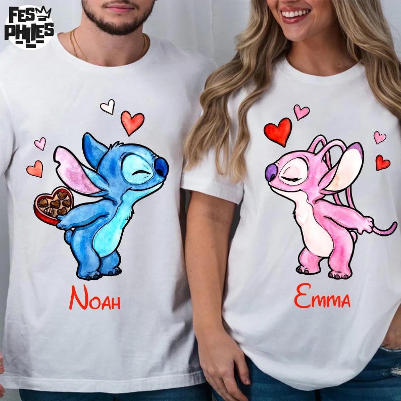 Camiseta de San Valentín con Stitch Angel, suéter de San Valentín de Disney, camiseta de amor con Stitch Angel, sudadera de pareja de Disney, camiseta de corazón de Disney imagen 1
