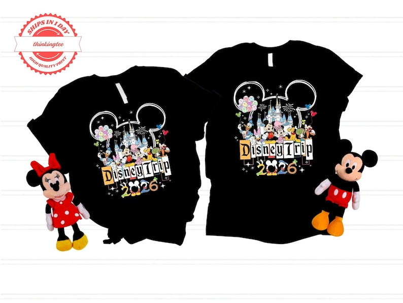 two black t-shirts with Disney-themed graphics and text, along with a stuffed Minnie Mouse toy.