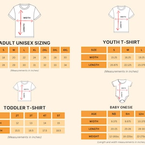four different size charts for children's clothing, including a toddler t-shirt and a youth t-shirt. The charts provide measurements in inches for the width and length of the shirts.