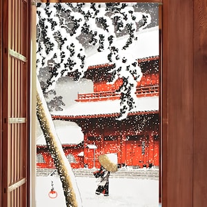 Japanese Noren Curtain – Kawase Hasui “Shiba Zojoji Temple in Snow” – 85x150cm Lace Fabric – Ukiyo-e Winter Scene