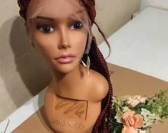 Peluca frontal de encaje, peluca de trenzas de caja color borgoña, peluca sintética de estilo protector largo, pieza de cabello de aspecto natural