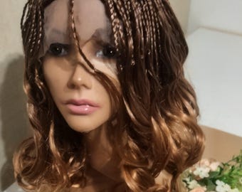 Peluca de encaje trenzada rubia miel - Microtrenzas con puntas rizadas - Aspecto natural