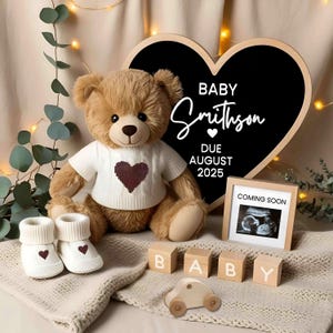 Anuncio de embarazo digital para redes sociales, tablero de letras editable, anuncio de embarazo simple, osito de peluche, descarga instantánea