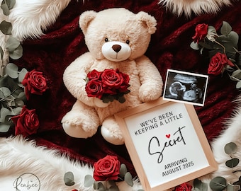 Anuncio de embarazo editable, anuncio digital de embarazo para San Valentín, revelación sencilla de bebé, anuncio de llegada de bebé en secreto