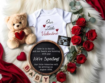 Plantilla editable para anuncio de embarazo de San Valentín. Plantilla digital para anuncio de embarazo. Anuncio de bebé. Revelación de género neutro.