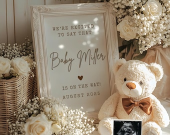 Anuncio sencillo de revelación de bebé de género neutro. Anuncio de embarazo de primavera. Tablero de letras editable. Anuncio de bebé.