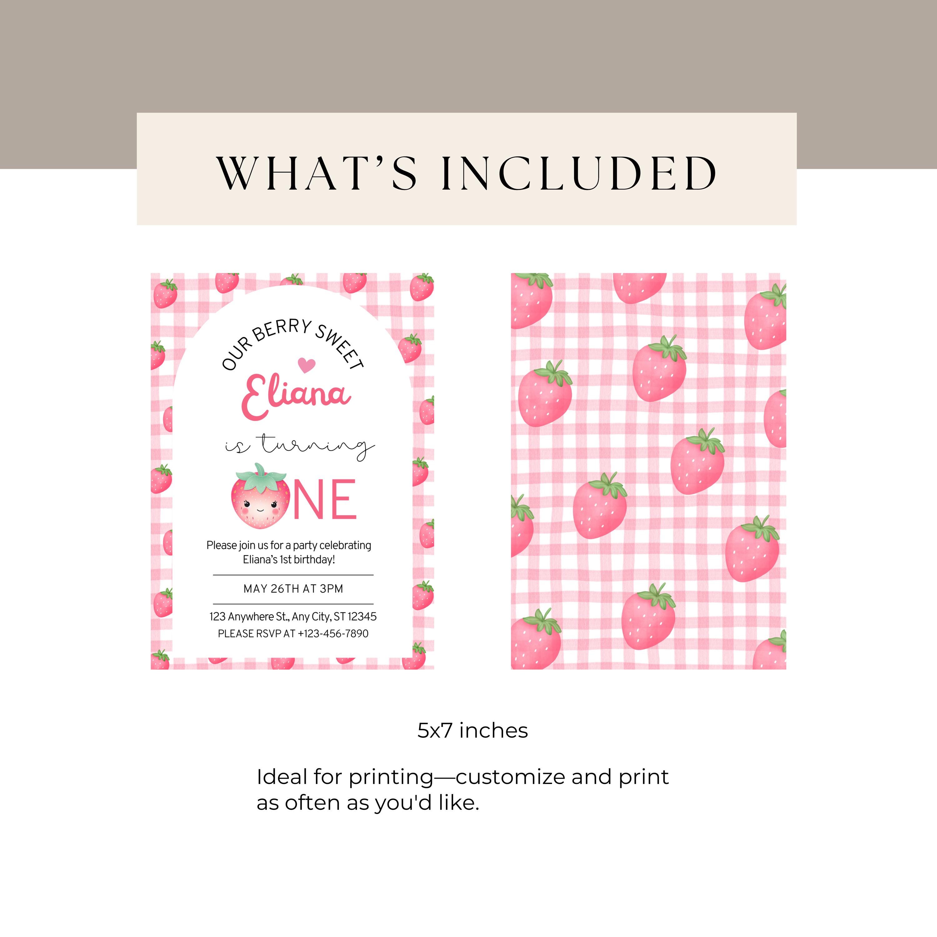 Editable Pink Gingham Berry First Birthday Invitation Digital 1st ...
