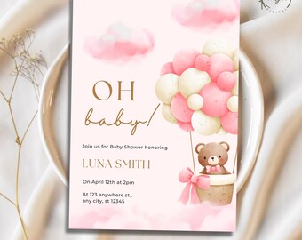 Plantilla editable de invitación para baby shower de oso, invitación para baby shower de niña, invitación con globo de oso rosa, invitación de osito de peluche BS101