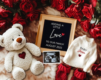 Plantilla editable para anuncio de embarazo de San Valentín. Plantilla digital para anuncio de embarazo. Anuncio de bebé. Revelación de género neutro.