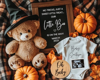 Anuncio de embarazo editable para Halloween: Revelación digital del bebé en otoño (plantilla para redes sociales)