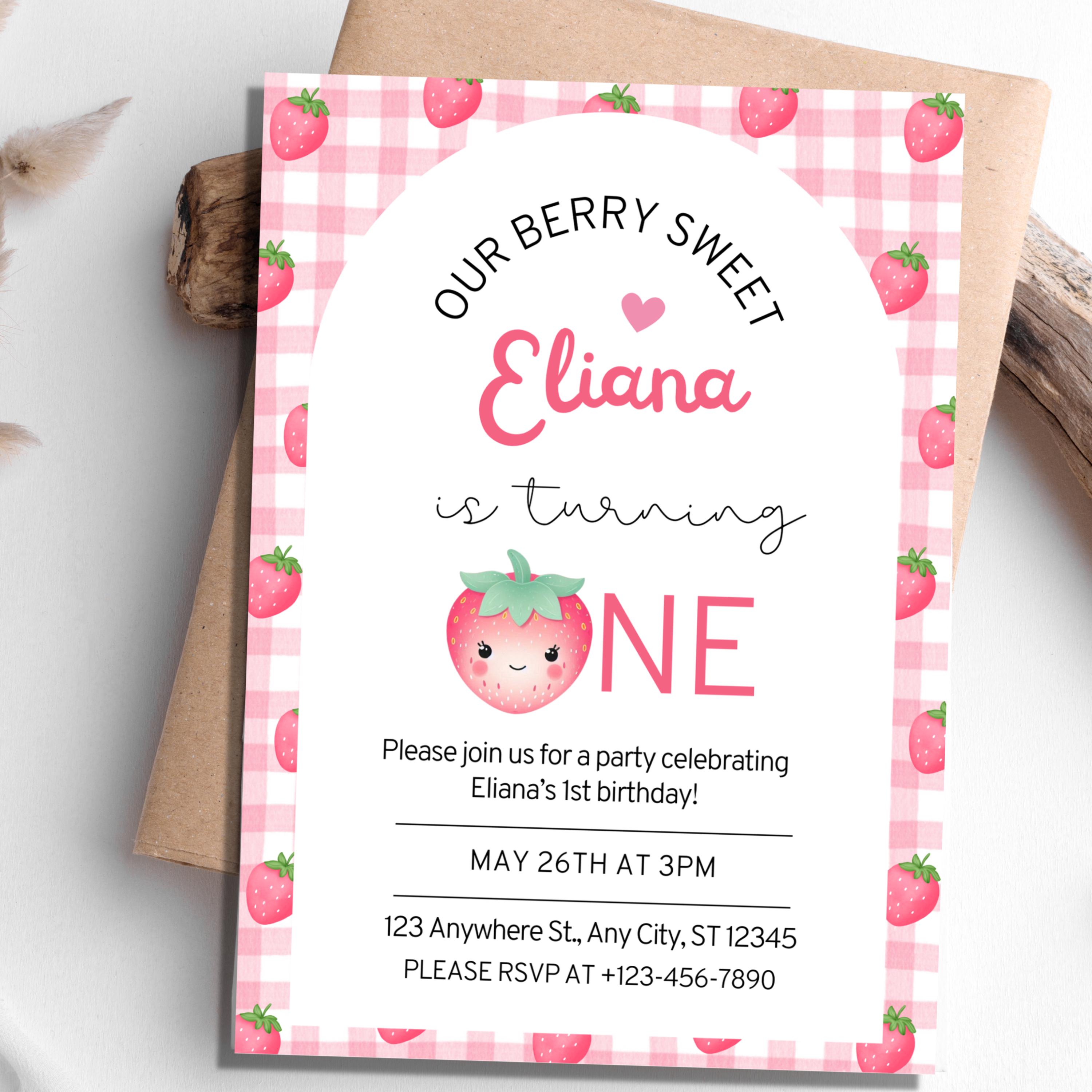 Editable Pink Gingham Berry First Birthday Invitation Digital 1st ...