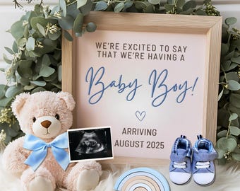 Anuncio de bebé varón en redes sociales, plantilla editable, revelación de género, anuncio de embarazo.