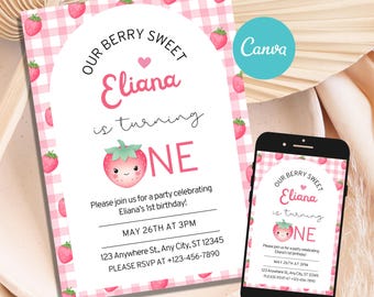 Invitación editable para primer cumpleaños con diseño de fresas y cuadros vichy rosas, digital, Canva, BI100