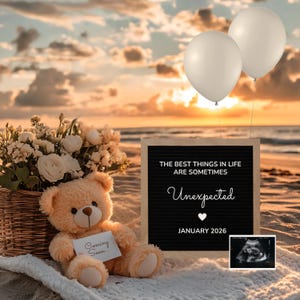 Editable Template Beach Pregnancy Announcement Digital Neutral Baby Announcement Simple Minimalist Unexpected Pregnancy Announcement