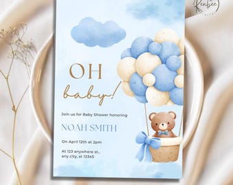 Invitación editable para baby shower de niño con oso azul. Invitación para baby shower de niño con globo azul. Invitación para baby shower con oso.