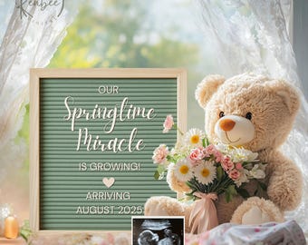 Plantilla editable de anuncio de embarazo de primavera, anuncio floral de embarazo, anuncio de bebé de primavera, revelación digital sencilla de bebé de primavera