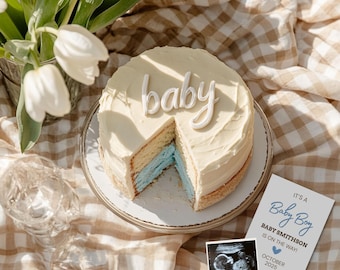 Anuncio de bebé varón: Pastel de revelación, revelación de género azul (Plantilla digital, publicación en redes sociales 1080x1080px)