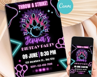 Invitación de cumpleaños de bolos editable. ¡Vamos a divertirnos con los bolos! Invitación de cumpleaños de bolos editable. Canva B104