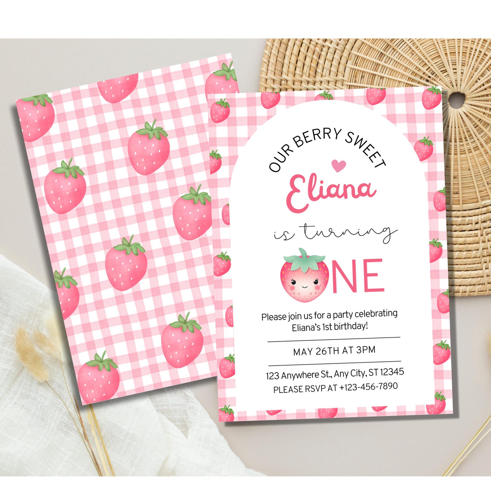Editable Pink Gingham Berry First Birthday Invitation Digital 1st ...